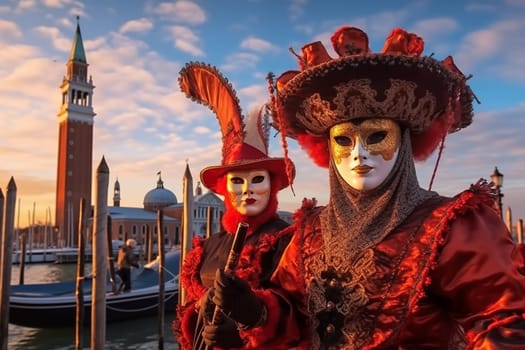 Persons adorned in a richly detailed and colorful carnival costume, complete with an elaborate mask, participates in the iconic Venice Carnival