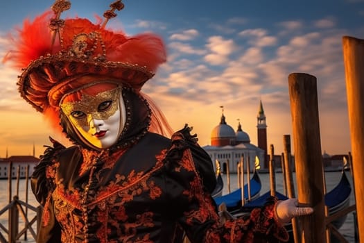A person adorned in a traditional Venetian carnival mask and costume, with the iconic architecture of Venice silhouetted against a stunning sunset