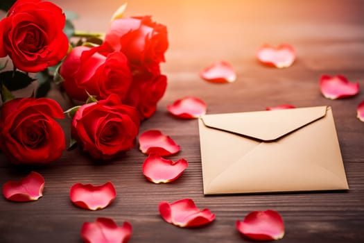 Vibrant red roses, a romantic valentine love letter in an elegant envelope, and scattered rose petals on a dark wooden table. Love and affection on Valentine’s Day