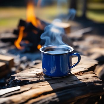 teaming Coffee in a Blue Enamel Cup by an Outdoor Fire