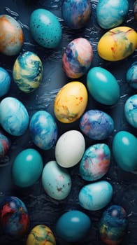 Easter eggs painted in blue color. Vertical holiday banner. AI