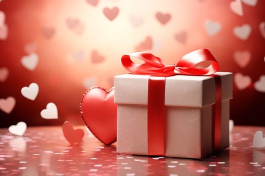 Valentine’s Gift red gift box adorned with a soft pink ribbon, surrounded by heart-shaped confetti and a bokeh background. Feelings of love, affection, and surprise