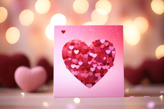 A beautiful postcard featuring a sparkling heart, perfect for sending a romantic message on Valentine’s Day on table with bokeh background