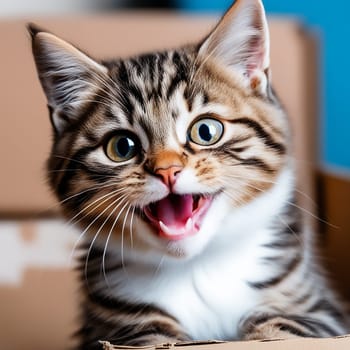 Closeup Portrait of a Happy Young Cat with a Funny Smile on Cardboard, Blue Background"