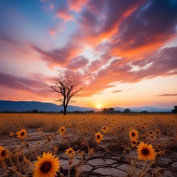 Dusky Sky, Sunflower Field, and Weathered Tree Branch