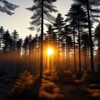 Dawn's Radiance: Sun Rising over a Pine Forest"