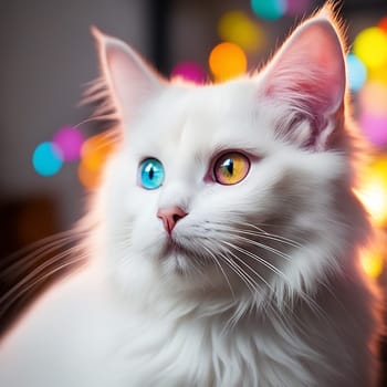 Portrait of a White Cat with Colorful Blue and Yellow Eyes