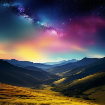 Colorful Milky Way and Illuminated Mountains in the Night Landscape