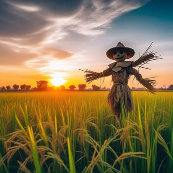 Green Rice Field and Scarecrow with Beautiful Sunset Background