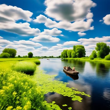 Scenic Spring-Summer Landscape with Blue Sky, Narew River, Boat, and Green Trees