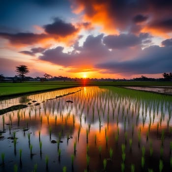 Sunset at Rice Field during Rainy Season