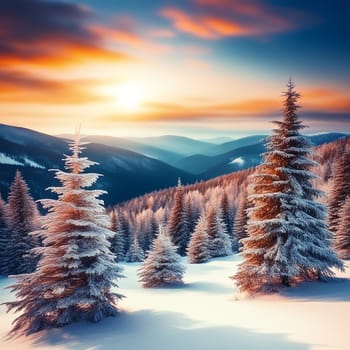 Winter Wonderland: Snow-Covered Mountains, Conifer Trees, and Sunlit Snowflakes