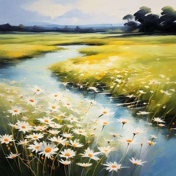 Abstract Spring Landscape with Daisies in a Vibrant Field