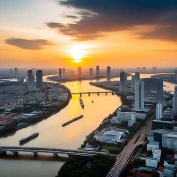 Aerial View of Bangkok City with Chao Phraya River"