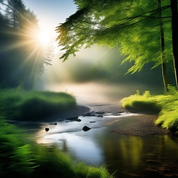 Beautiful Nature in the Misty Spring Green Forest with Sun Rays