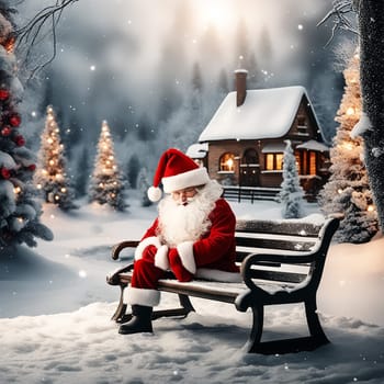 Santa Hat on Snowy Bench with Christmas Winter Forest and Village House in the Background