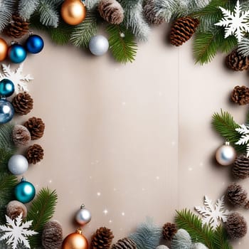 Modern and Simple Christmas Background with Baubles, Fir Branches, Stars, Ornamental Trees, and Snow