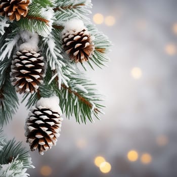 Snowy Pine Cones on Fir Branch with Lights - Decoration Banner