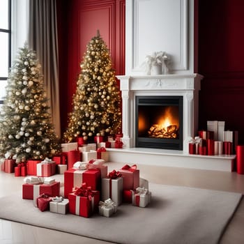 Christmas Tree and Holiday Presents on Red Fireplace Background
