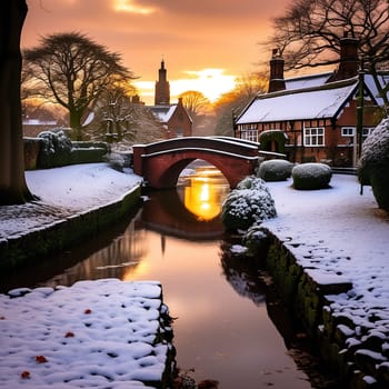 English Village Bridge in Snow, Port Sunlight, Wirral, England