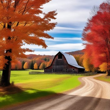 Fall Foliage in New England Countryside at Woodstock, Vermont - Farm in Autumn Landscape