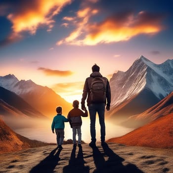 Happy Family with Little Son Stands Against Mountains - Travel, Tourism, and Adventures Concept