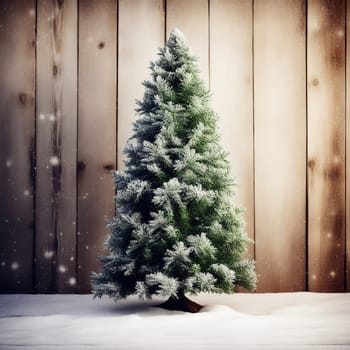 Christmas Fir Tree on Wooden Background with Snowflakes