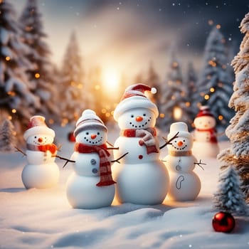 Merry Christmas and Happy New Year Greeting Card - Two Cheerful Snowmen Standing in Winter Christmas Landscape