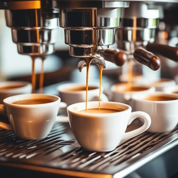 Art of Craft: Close-Up of Espresso Pouring from Coffee Machine into Cups