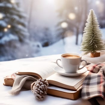 Winter Serenity: Hot Coffee, Opened Book, and Snowy Landscape - Embracing the Holiday Spirit