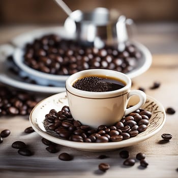 Artful Arrangement of Coffee Beans and Cup with Copy Space