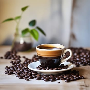 Artful Arrangement of Coffee Beans and Cup with Copy Space