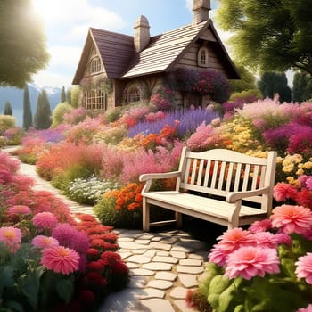 Flower Garden with a Wooden Bench