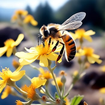 Honey Bee Collecting Pollen on a Yellow Flower in a Wild Landscape