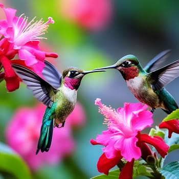 Fiery-Throated Hummingbirds and Pink Flower Symphony in Costa Rica