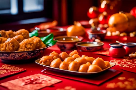 Traditional Chinese food, a variety of dishes for the lunar New year. Shallow depth of field, red solemn background.