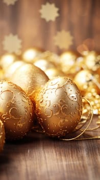 Easter eggs on a golden background. Minimal creative Easter concept. Vertical AI