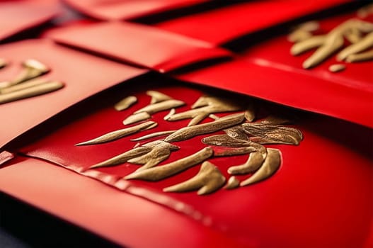 Close-up of a red gift envelope with hieroglyphs, for money with wishes of well-being for the Chinese New Year.