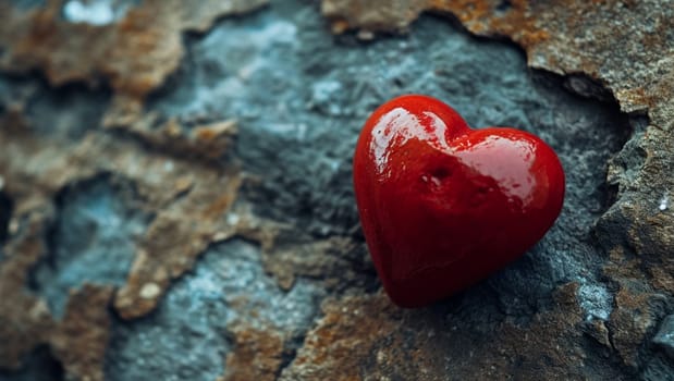 One red heart on a wooden-stone background. A realistic element that denotes love, health, care for yourself and loved ones. Valentine's Day. High quality photo