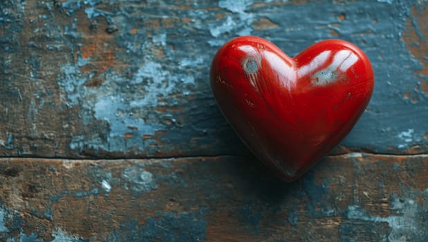 One red heart on a wooden-stone background. A realistic element that denotes love, health, care for yourself and loved ones. Valentine's Day. High quality photo