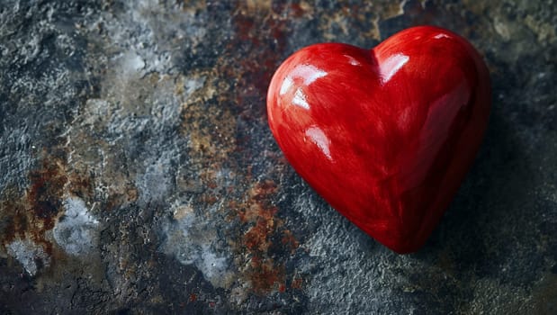 One red heart on a wooden-stone background. A realistic element that denotes love, health, care for yourself and loved ones. Valentine's Day. High quality photo