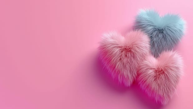 Several colorful fur hearts. Fur heart shapes on pink background, denoting love and care. Valentine's Day and donations. High quality photo