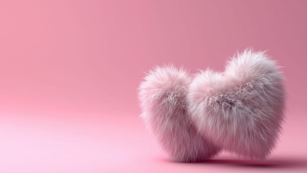 Several colorful fur hearts. Fur heart shapes on pink background, denoting love and care. Valentine's Day and donations. High quality photo