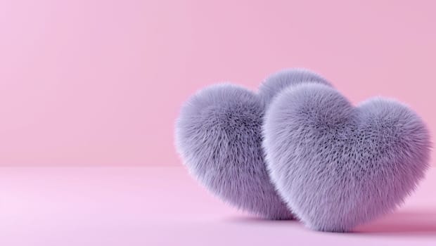 Several colorful fur hearts. Fur heart shapes on pink background, denoting love and care. Valentine's Day and donations. High quality photo