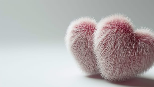 Several colorful fur hearts. Fur heart shapes on pink background, denoting love and care. Valentine's Day and donations. High quality photo