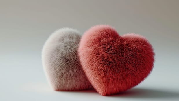 Several colorful fur hearts. Fur heart shapes on pink background, denoting love and care. Valentine's Day and donations. High quality photo