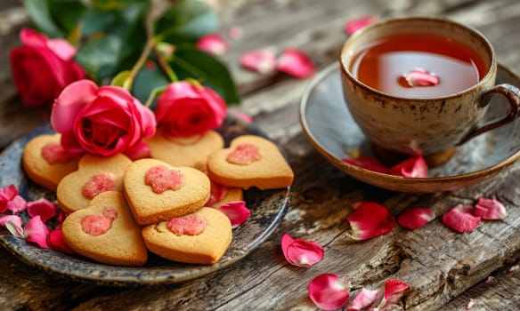 Homemade heart shaped cookies and a cup of tea or coffee on the table.