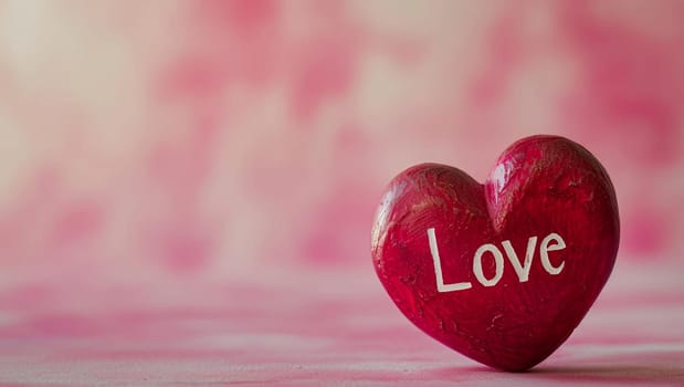 A red heart with the lyrics Love on it. Romantic image on pink background. Care and happiness, health. Valentine's Day. High quality photo