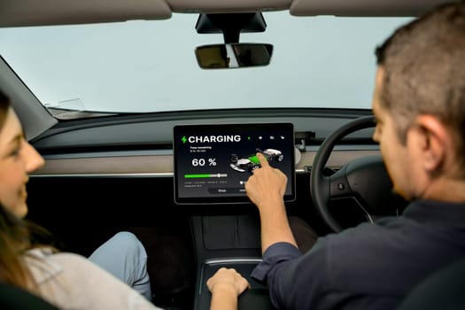 Two lovely couple inside the vehicle, checking battery recharging electricity status display on smart monitor screen in modern EV car on their road trip journey. Exalt