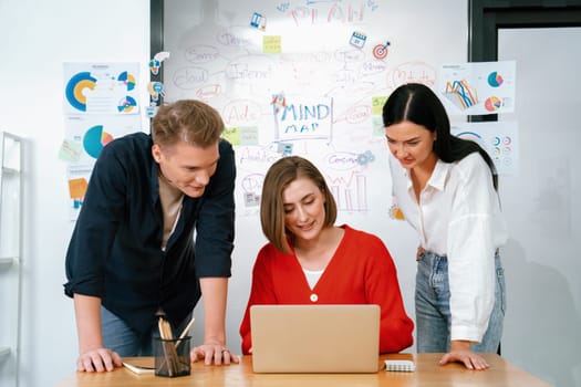 Professional business team working together by using laptop in start up project at meeting in front of glass board with mind map while colleague brainstorm and discuss about strategy. Immaculate.